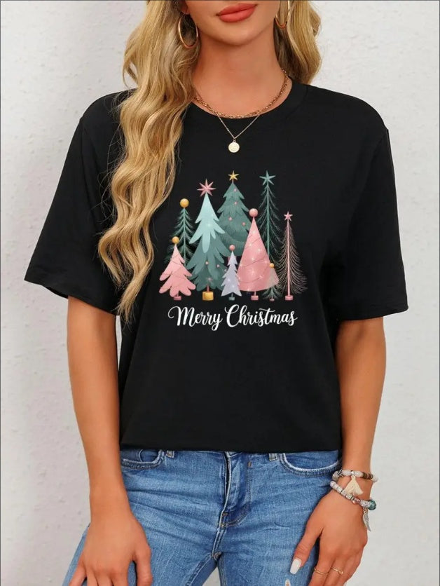 Women's Festive Christmas Trees Graphic Tee - Machine Washable, Black With Pink & Green Trees Design, Round Neck, Short Sleeves - Perfect For Everyday Holiday Wear