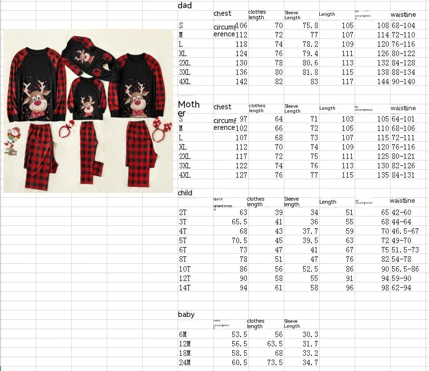 Christmas Pajamas Deer Printed Round Neck Plaid Home Parent-child Clothes