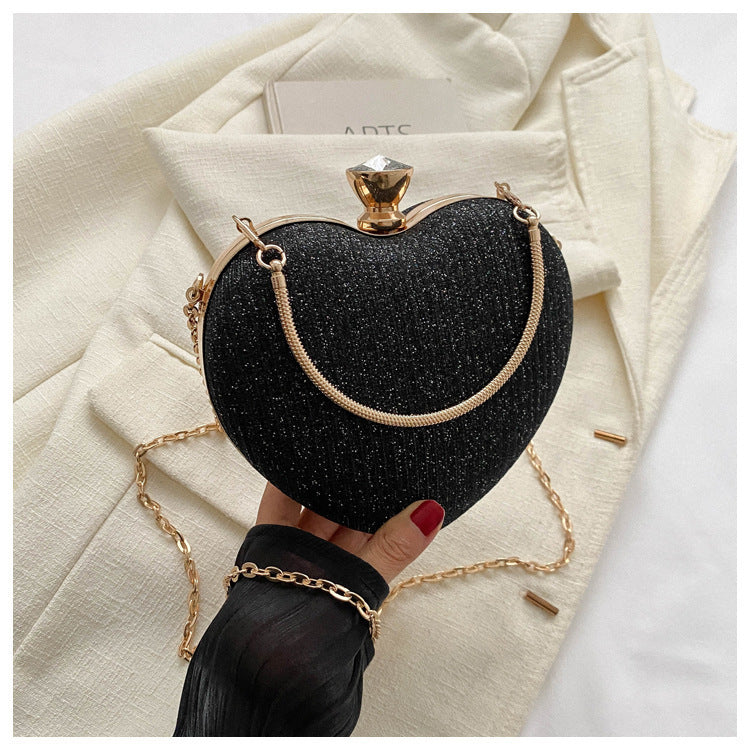 Evening Clutch Bag Women Bag Shiny Handbag Heart Shape Metal Clutches Bag Fashion Chain Shoulder Crossbody Bag Luxury Lady Purse Valentines Day Outfit