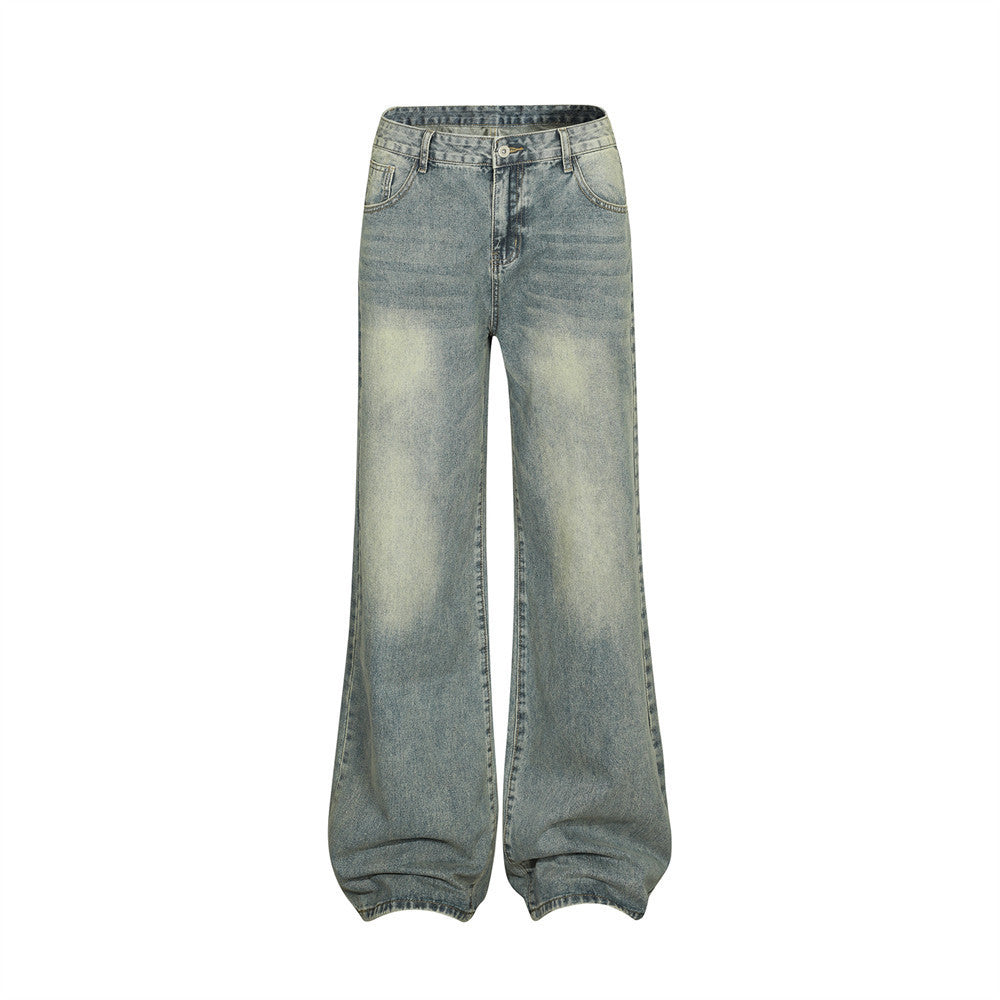 Washed Wear-white Straight Jeans Men's Street Style