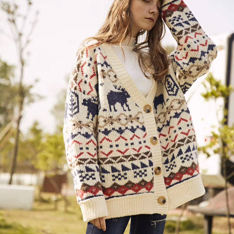 Christmas Elk Knitted Cardigan Outwear Sweater