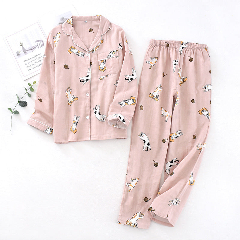 Women's Cotton Double-layer Gauze Long-sleeved Trousers Pajamas