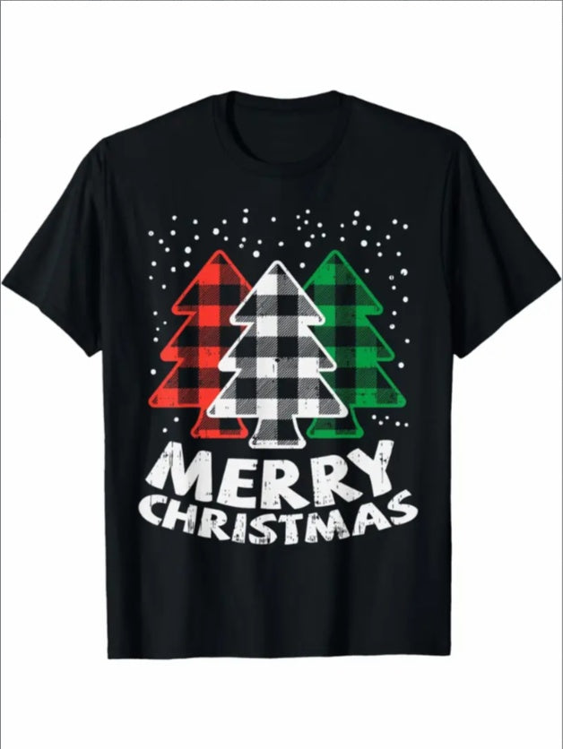 Men'S Christmas T-Shirt - Black Crew Neck Casual Tee With Green, White, Red Buffalo Plaid Trees - Soft Pure Cotton, All-Season Short Sleeve, Heat Transfer Printed Festive Top For Sports & Daily Wear,