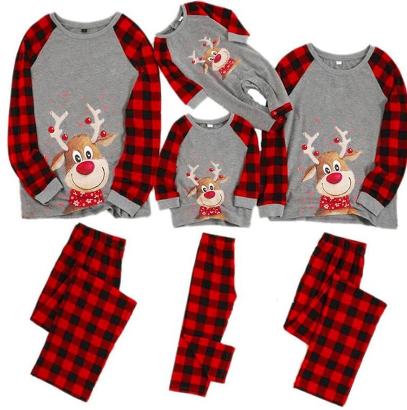 Christmas Pajamas Deer Printed Round Neck Plaid Home Parent-child Clothes