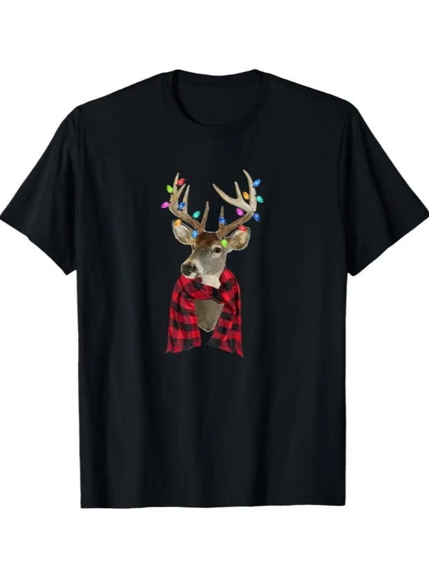 Men's Festive Reindeer & Plaid Christmas T-Shirt -  Cotton, Breathable & Comfort Fit, Perfect For Casual Wear Or Special Occasions