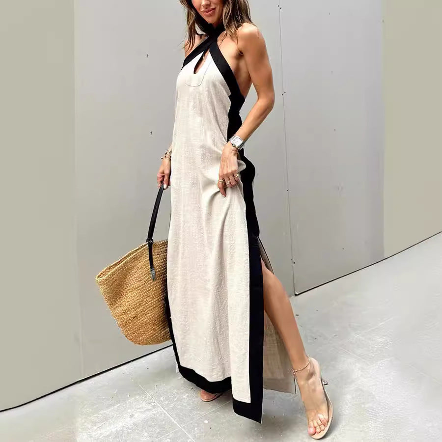 Cotton And Linen Backless Halter Split Dress